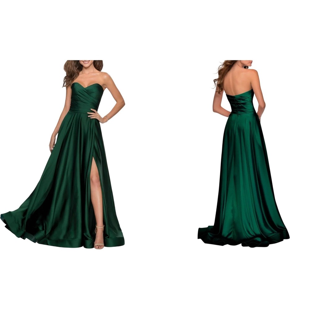 La Femme Emerald Green Satin Strapless Sweetheart Gown with Slit and Pockets NEW